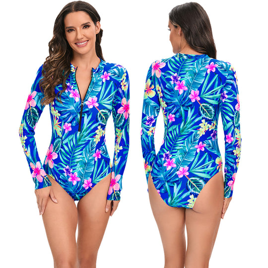 Damen Sportlicher Langarm-Badeanzug mit floralen Akzenten R&B