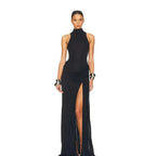 Damen Elegantes Maxikleid mit hochgeschlossenem Kragen und seitlichem Schlitz R&B
