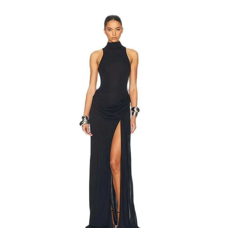 Damen Elegantes Maxikleid mit hochgeschlossenem Kragen und seitlichem Schlitz R&B