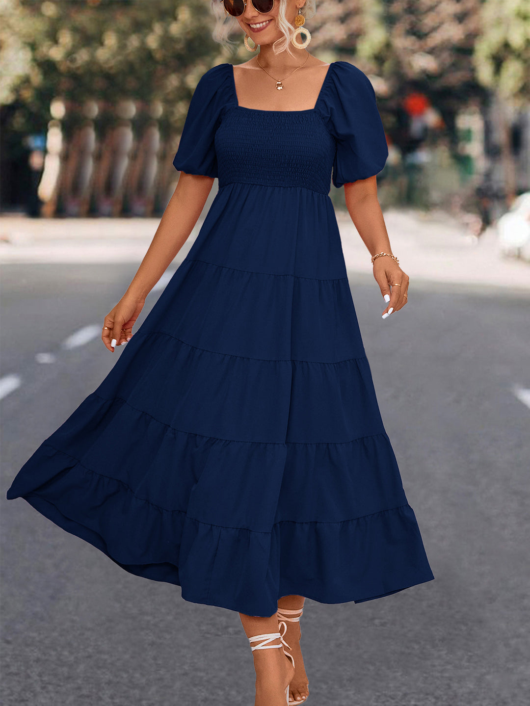 Damen Midi-Kleid mit elastischer Taillierung und voluminösen Puffärmeln R&B