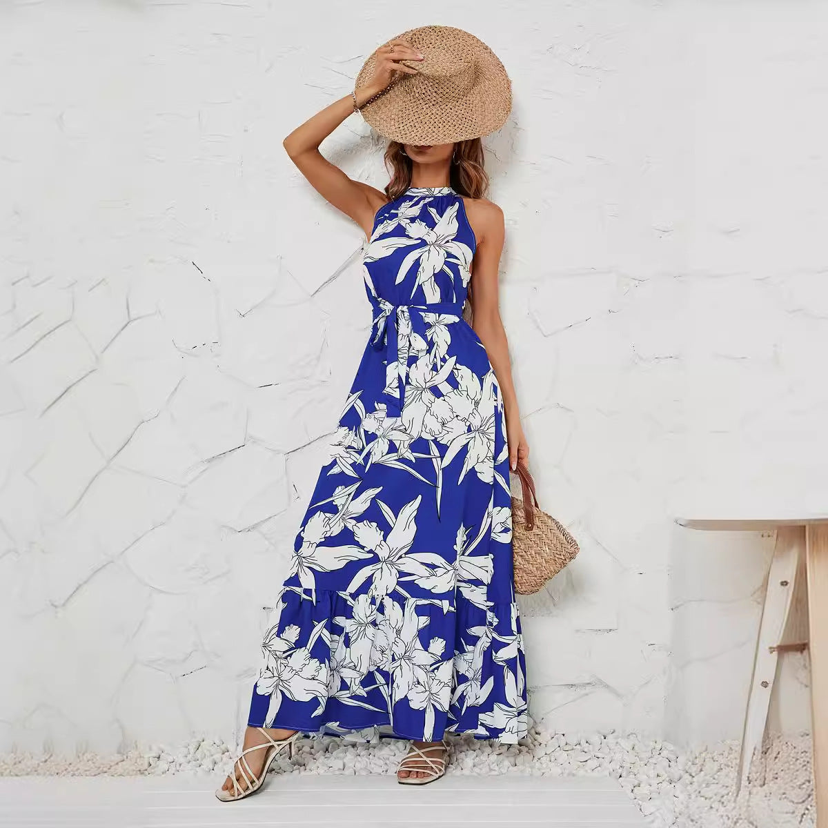 Damen Maxikleid mit floralem Print und elegantem Halsband R&B