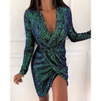 Damen Funkelndes Cocktailkleid mit V-Ausschnitt und langen Ärmeln R&B