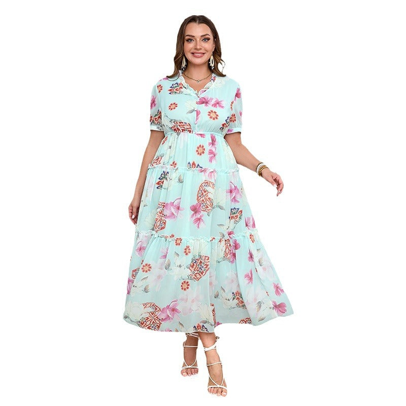 Damen Bohemian Maxikleid mit voluminösem Rock und floralem Design R&B