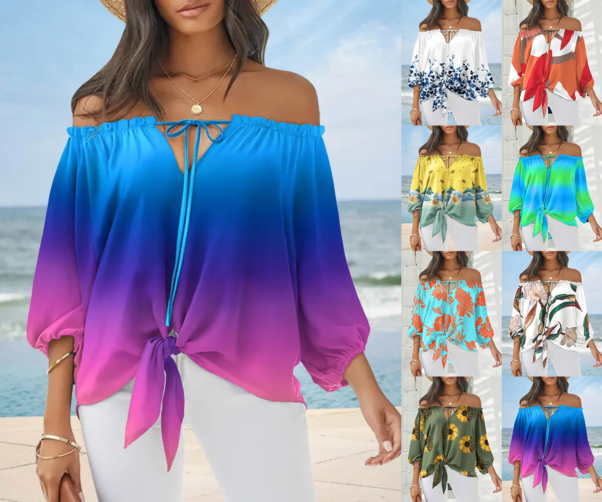 Damen Off-Shoulder Bluse mit floralem Design und Bindegürtel R&B