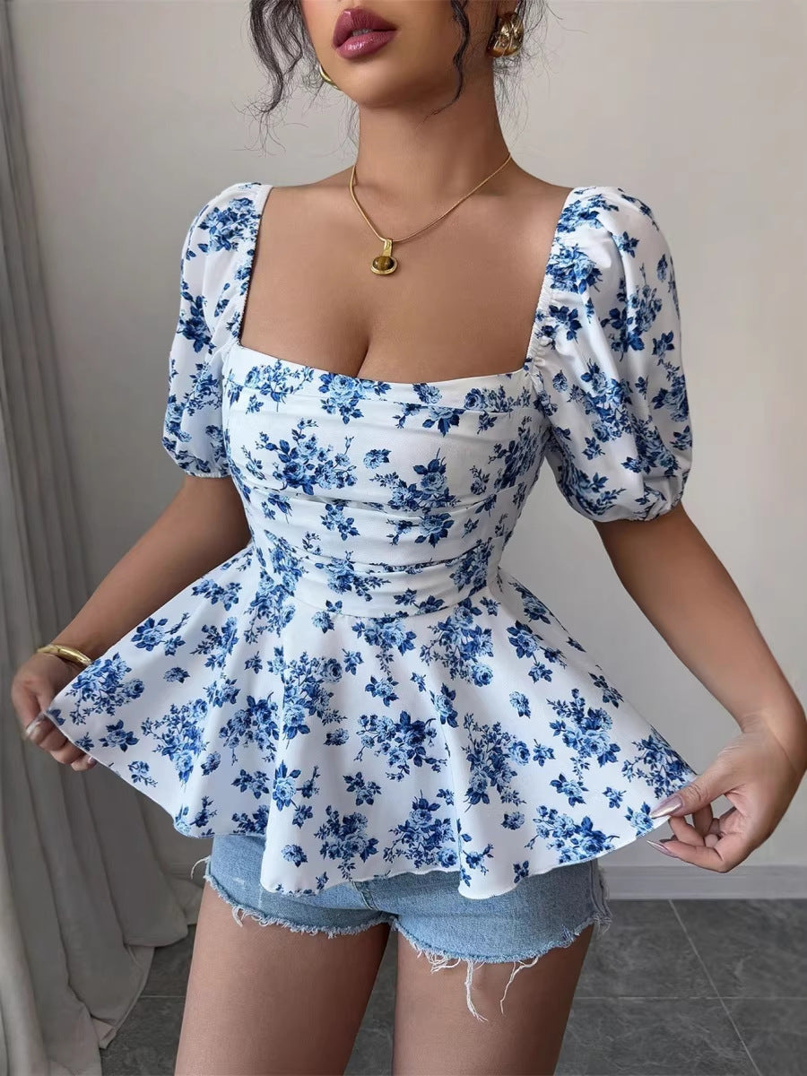 Damen Peplum-Bluse mit Puffärmeln und floralem Design R&B