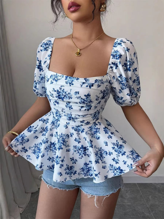 Damen Peplum-Bluse mit Puffärmeln und floralem Design R&B