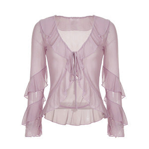 Damen luftiges Chiffon-Oberteil mit voluminösen Rüschendetails R&B