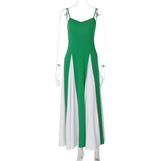 Damen Elegantes Maxikleid mit diagonalen Farbakzenten und schmalen Spaghettiträgern R&B