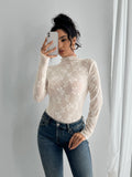 Damen transparenter Bodysuit mit elegantem Blumenmuster und hohem Kragen R&B
