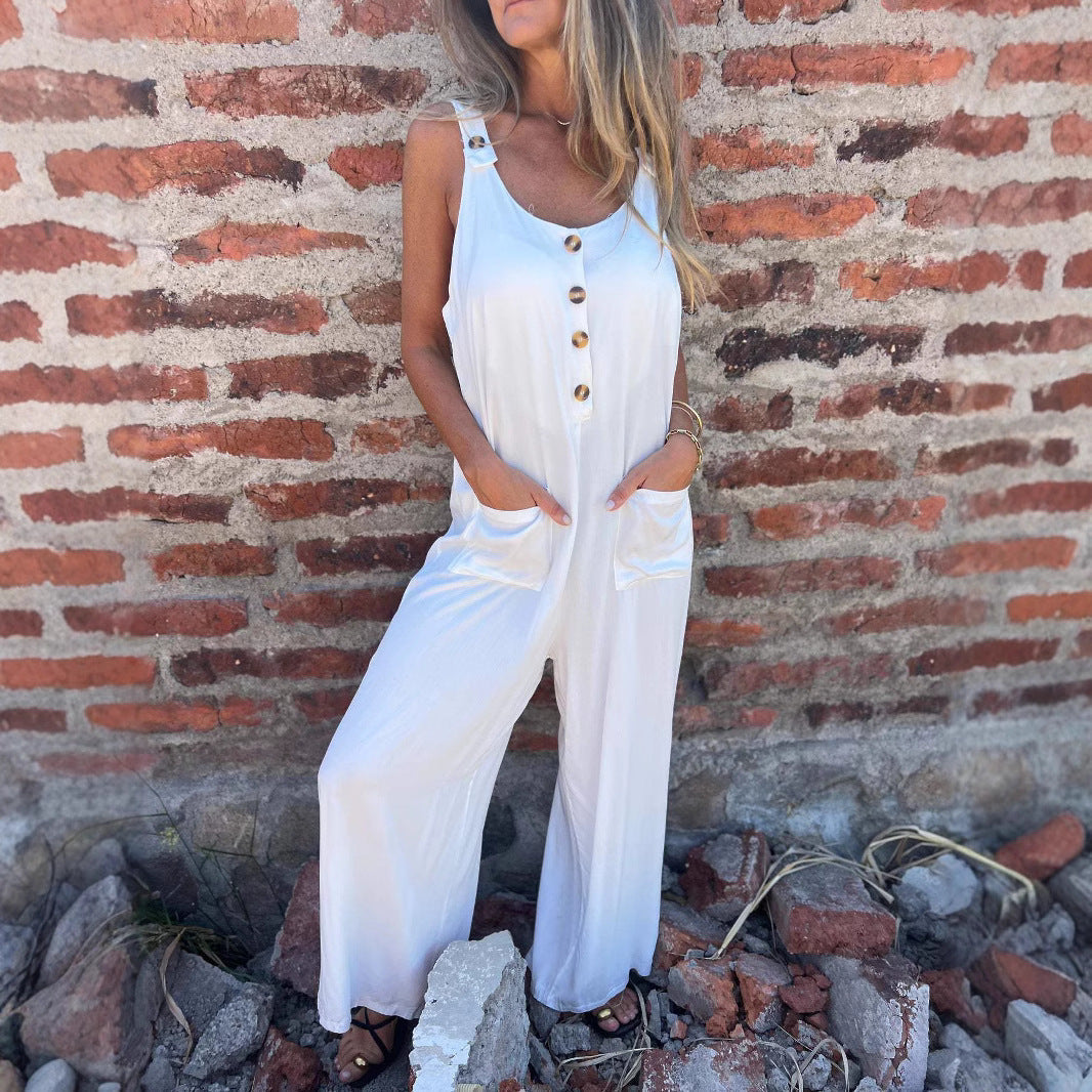 Damen Lässiger Jumpsuit mit Knopfdetails und Seitentaschen R&B