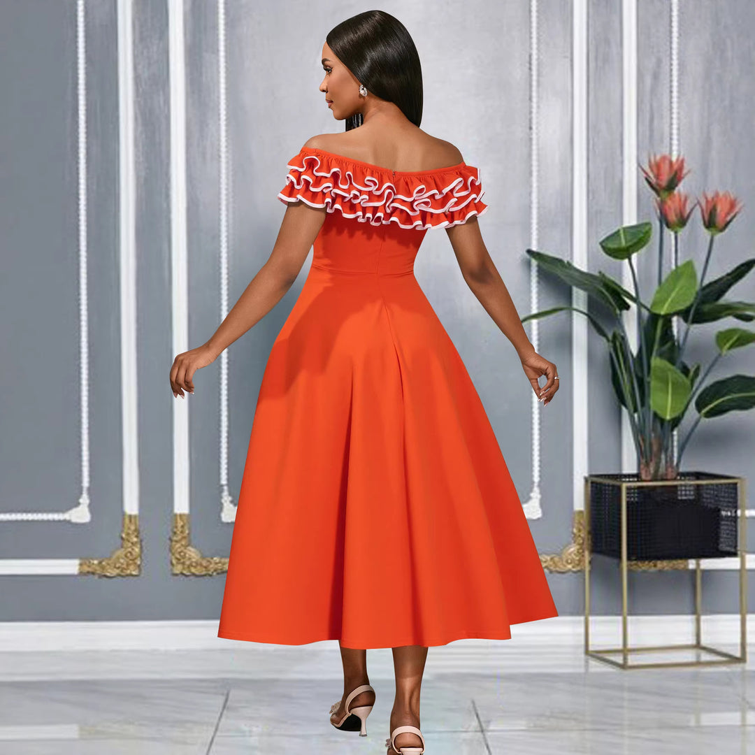 Damen A-Linien Abendkleid mit Off-Shoulder Rüsche R&B