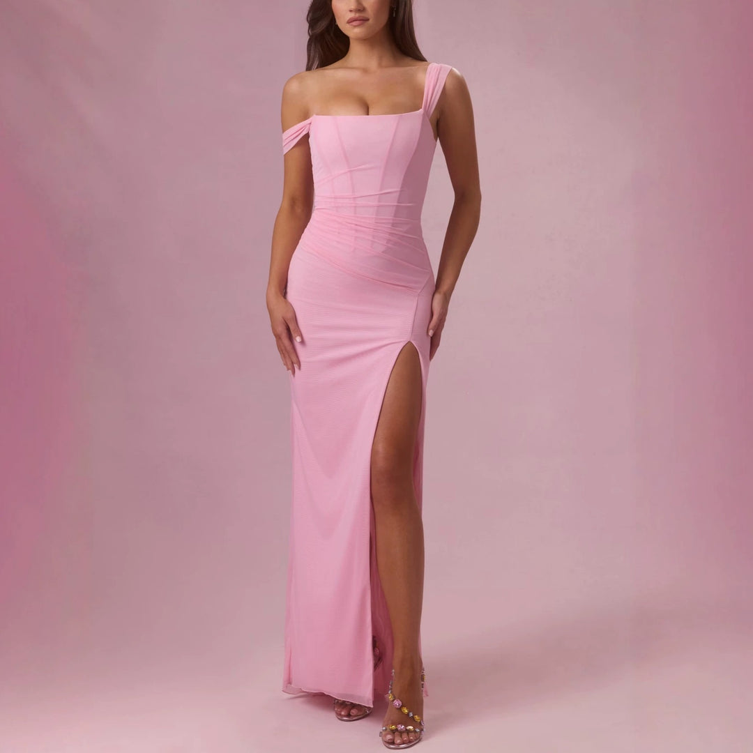 Damen Elegantes Maxikleid mit tiefem Schlitz und Rüschendetails R&B