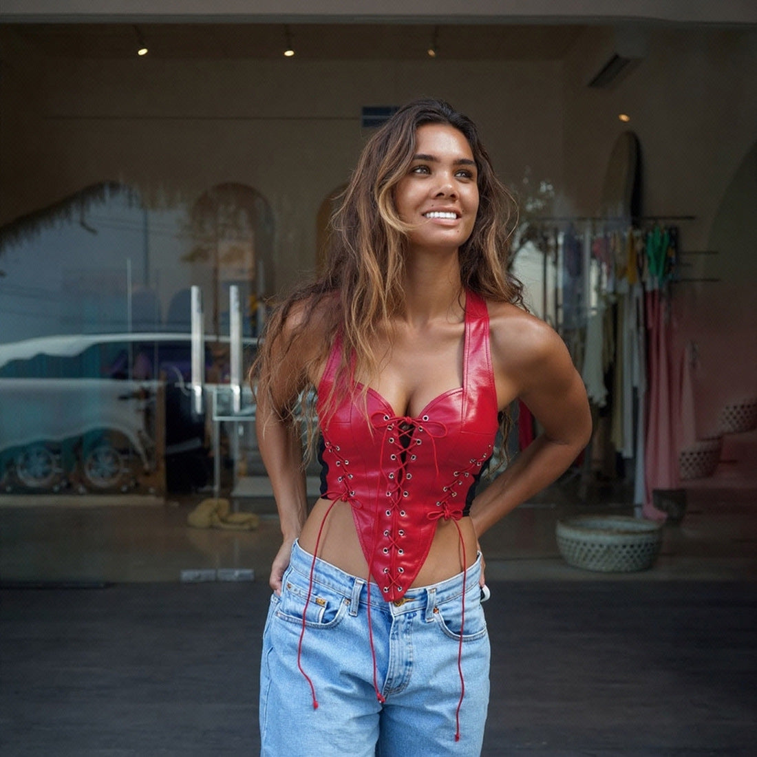 Damen Leder-Corset-Top mit Schnürung und asymmetrischem Schnitt R&B