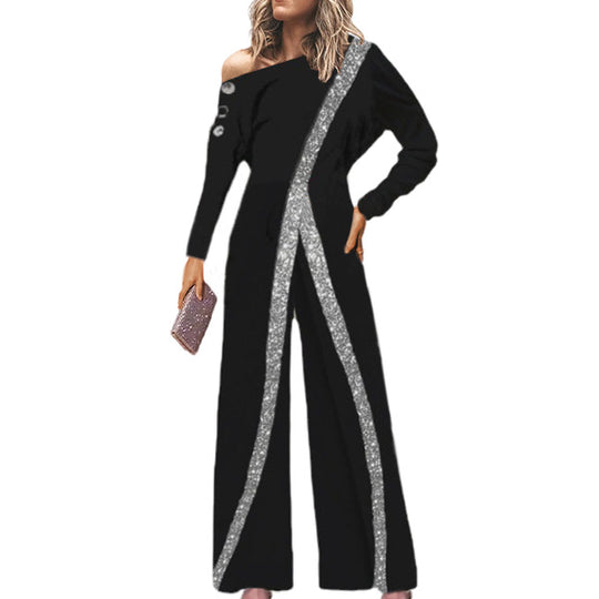 Damen Einseitiger Jumpsuit mit Glanzstreifen und grafischem Kunstwerk R&B