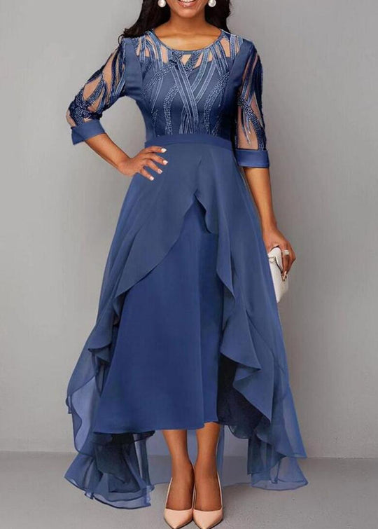 Damen nan edles Chiffon-Abendkleid mit besticktem Tülloberteil, Dreiviertelärmeln und asymmetrischem Stufen-Saum R&B