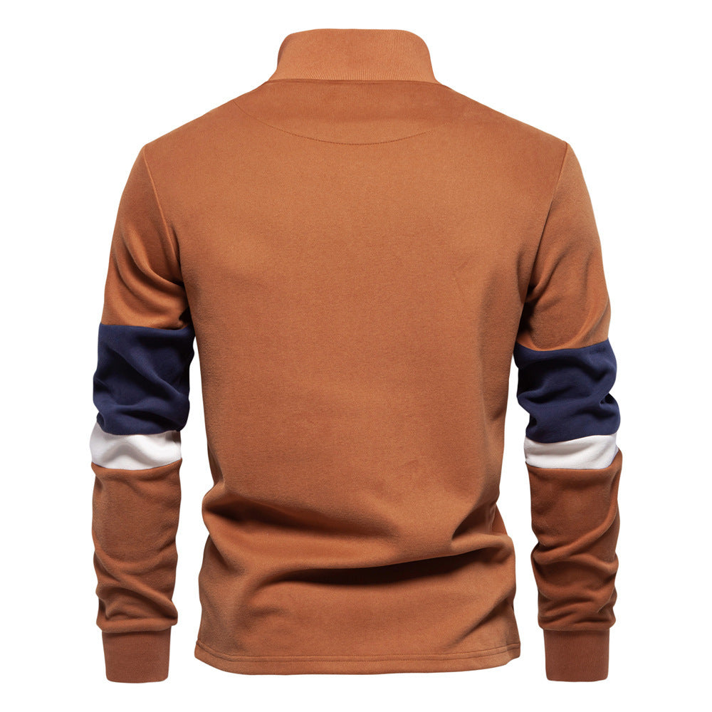 Herren nan Halbzip-Pullover mit Stehkragen, gestreiftem Krageninnenband und Kontrastärmeln R&B