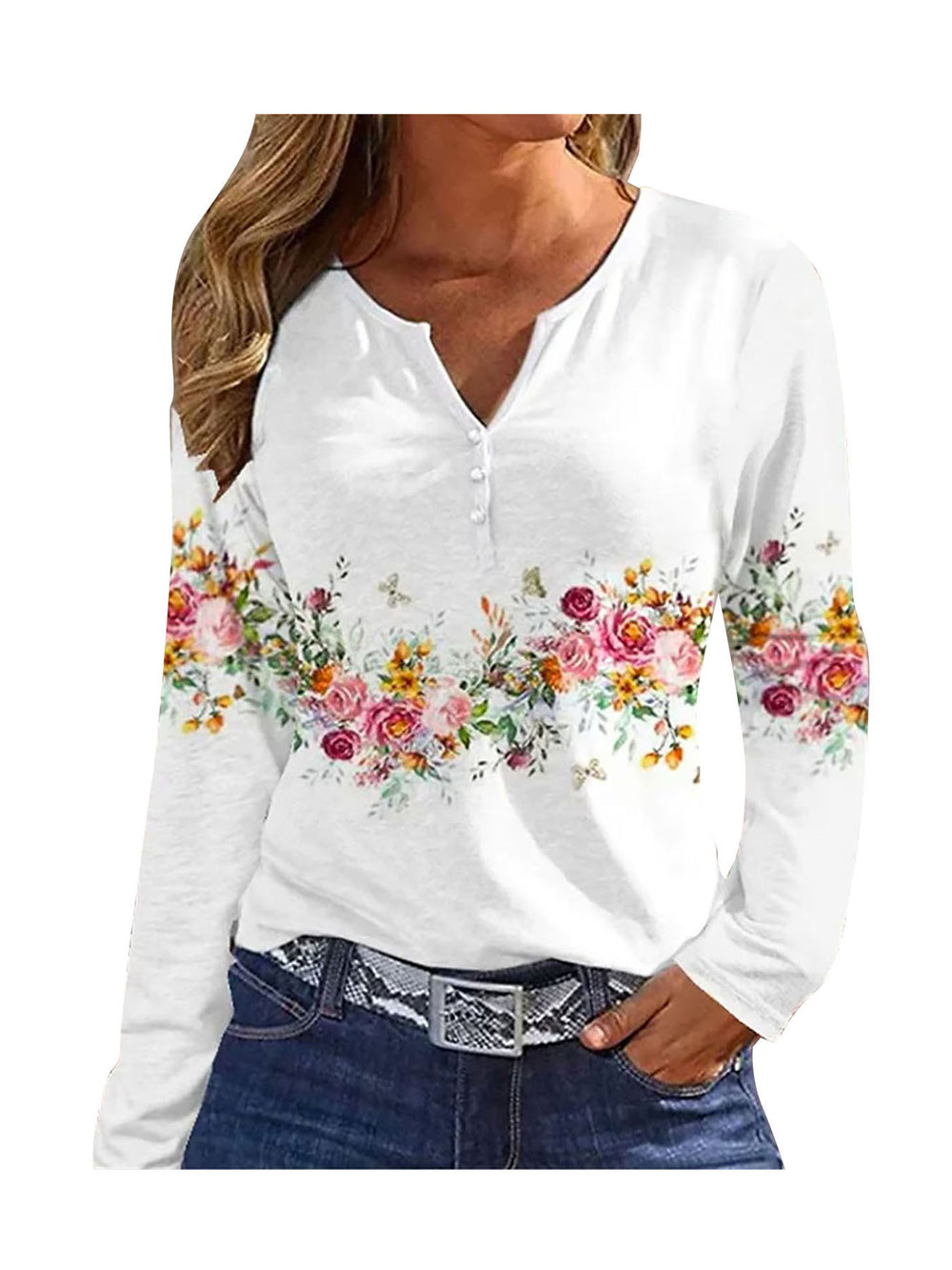 Damen Langarmshirt mit floralem Design und Knopfleiste R&B