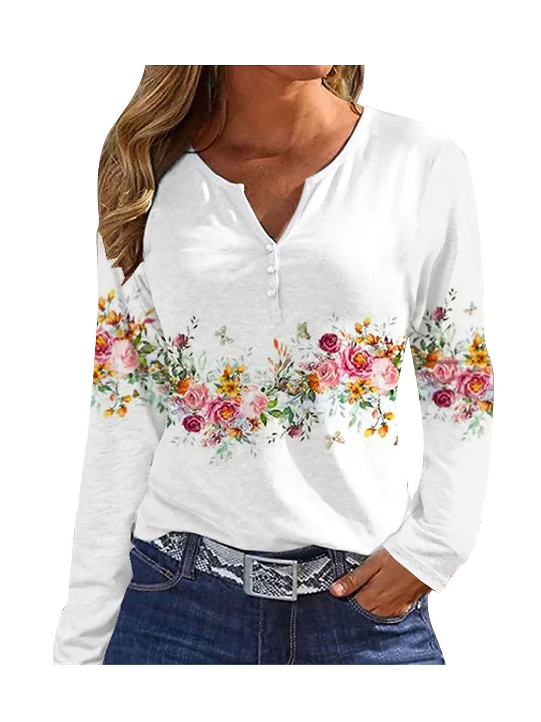 Damen Langarmshirt mit floralem Design und Knopfleiste R&B