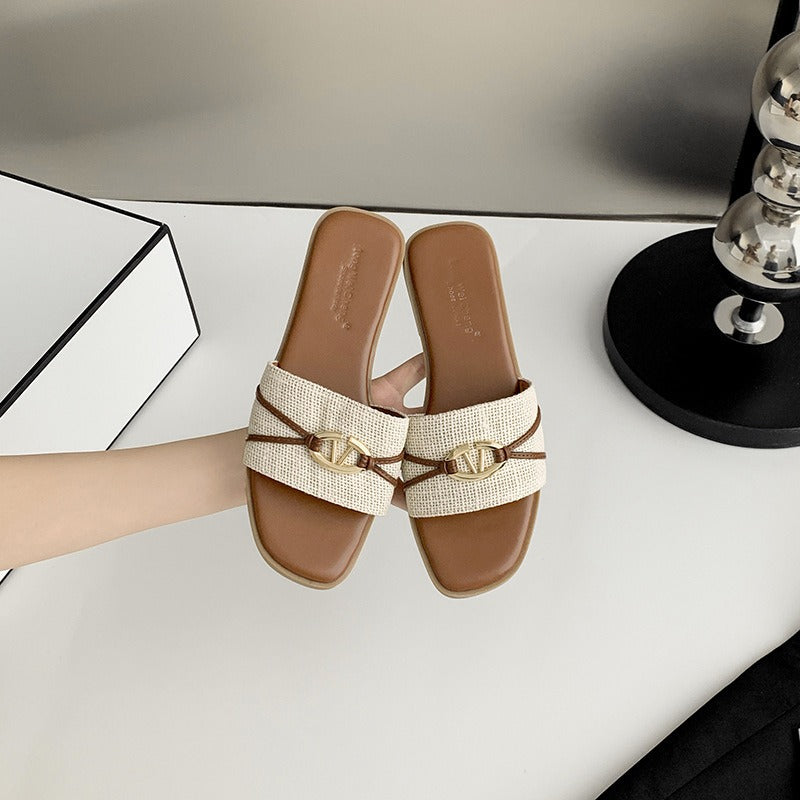 Damen modische Riemensandalen mit dekorativem Goldakzent und komfortablem Fußbett R&B
