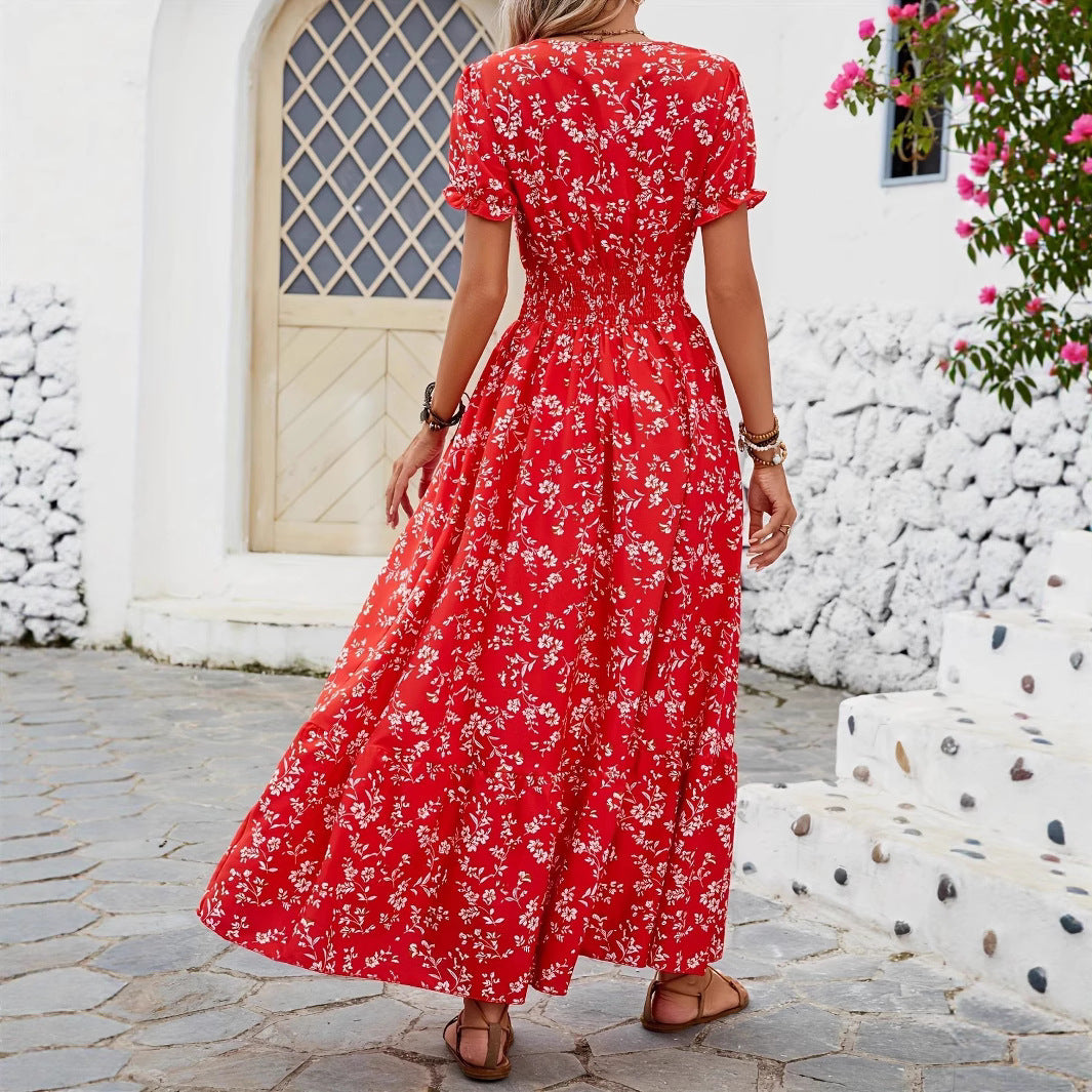Damen Maxikleid mit V-Ausschnitt und gefertigtem Gummizug R&B
