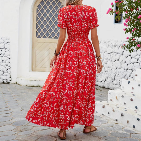 Damen Maxikleid mit V-Ausschnitt und gefertigtem Gummizug R&B