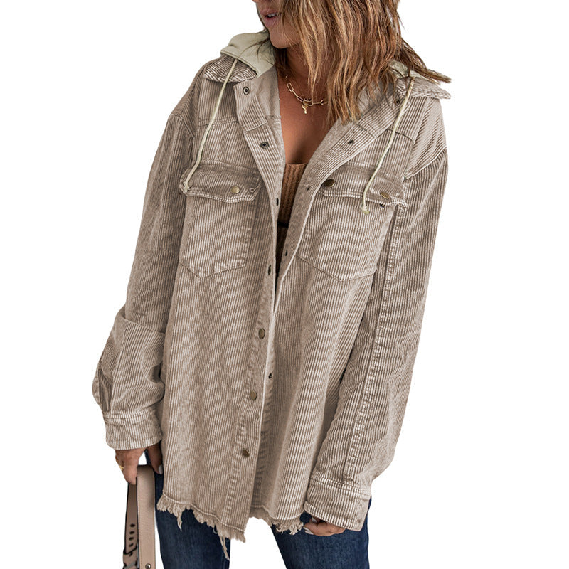 R&B | Jacke mit Kapuze Oversized Fit Cord-Textur Knopfverschluss Fransenrand