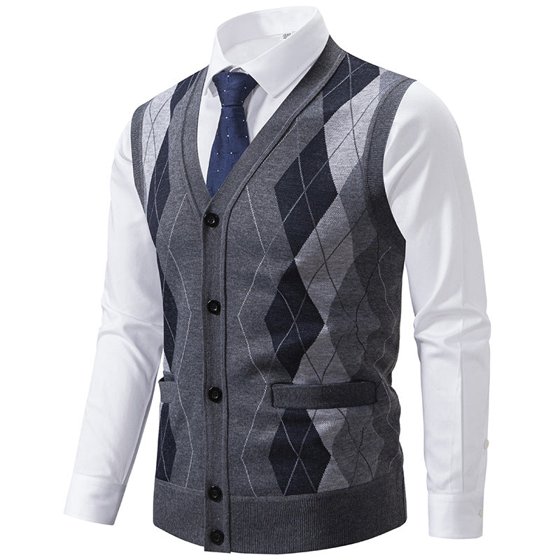 Herren elegante Strickweste mit klassischem Rautenmuster und praktischen Taschen R&B