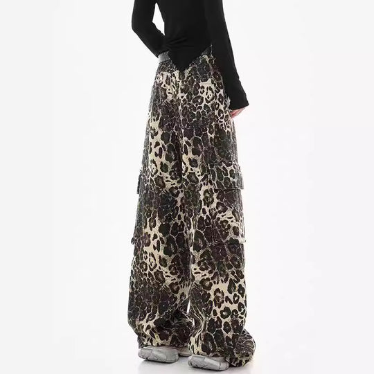 Damen Weite Cargohose im modischen Leopardenmuster mit praktischen Taschen und hohem Bund R&B