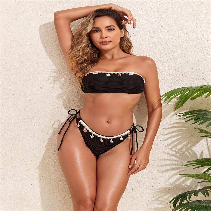Damen Bandeau-Bikini mit eleganter Spitzenverzierung und verstellbaren Trägern R&B