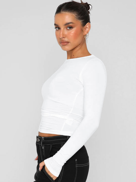 Damen Longsleeve-Oberteil mit figurbetontem Schnitt und Raffung R&B