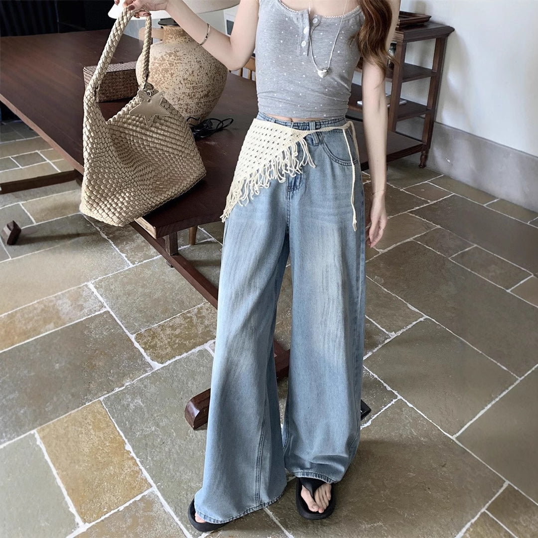 Damen Weite Jeanshose mit fransigem Gürtel R&B