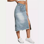 Damen Midi-Jeansrock mit hoher Taille und modischem Fransenabschluss