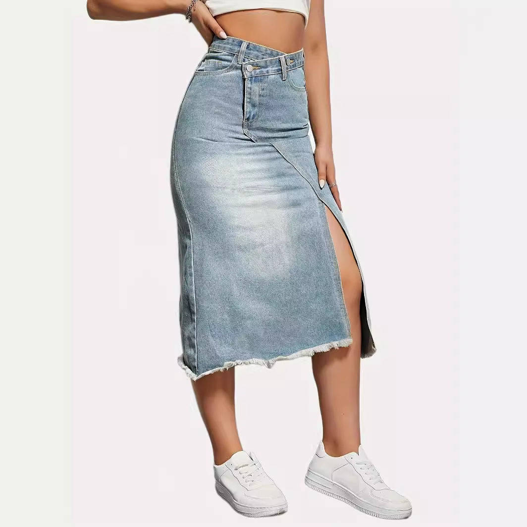 Damen Midi-Jeansrock mit hoher Taille und modischem Fransenabschluss