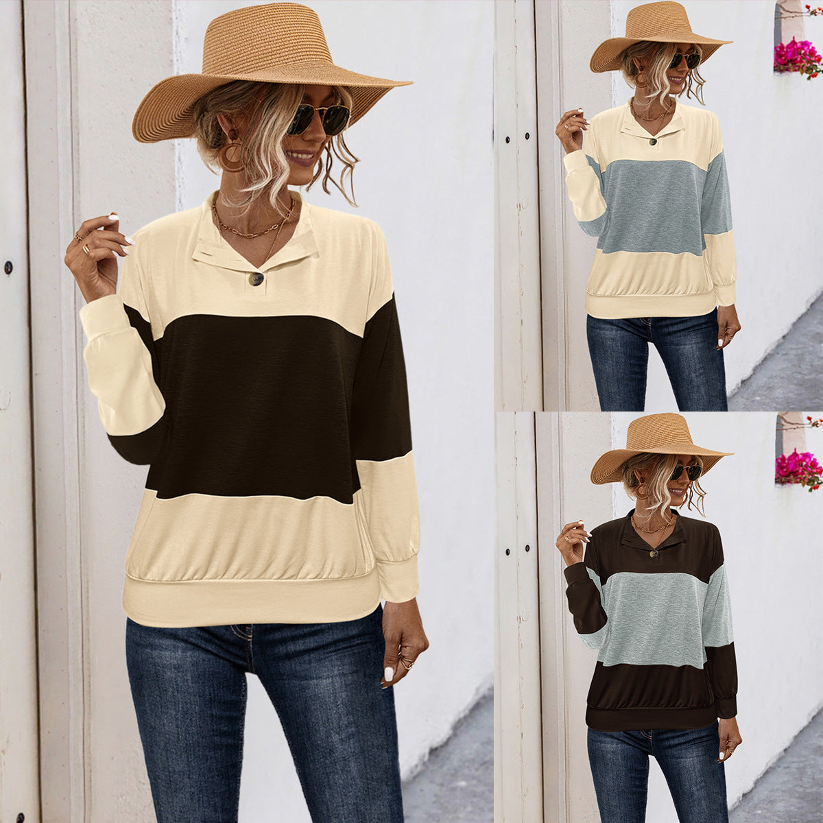 Damen lässiger Pullover mit stilvollem Kragen und Knopfdetail R&B