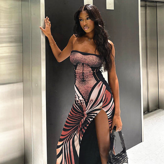 Damen trendiges Wickelkleid mit grafischen Prints und hohen Seitenschlitzen R&B