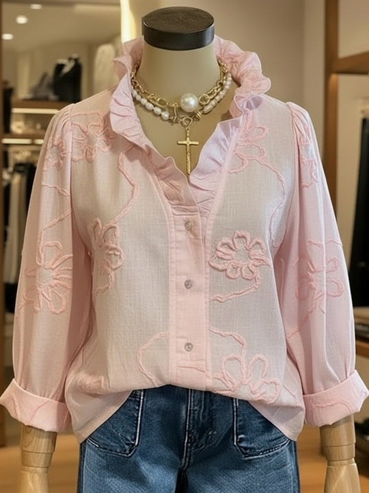 Damen elegante Bluse mit floralen Stickereien und voluminösen Ärmeln R&B