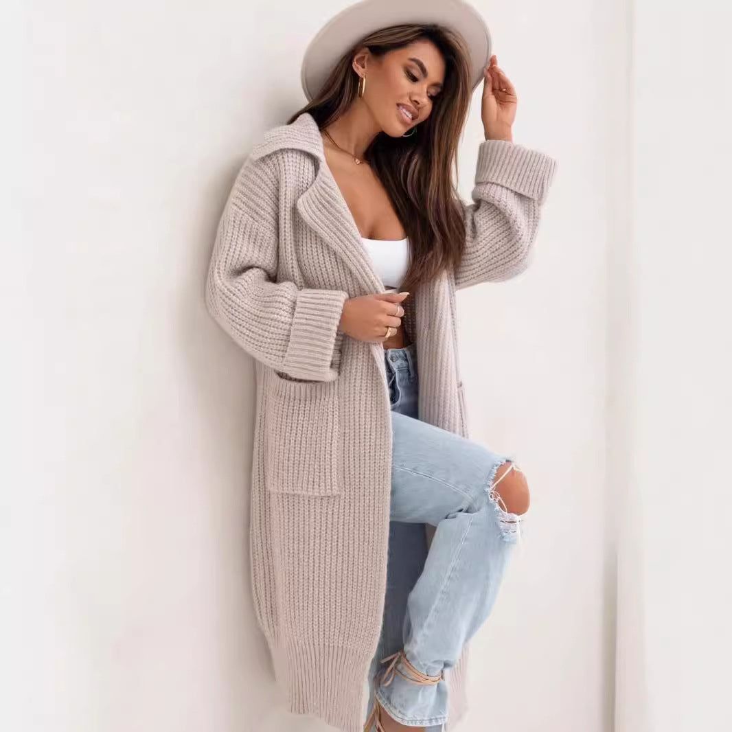 Damen Langer Strickmantel mit Kapuze und praktischen Taschen R&B
