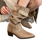 Damen Rustikale Wildleder-Stiefel mit modischem Falten-Design und verstellbarem Riemen R&B