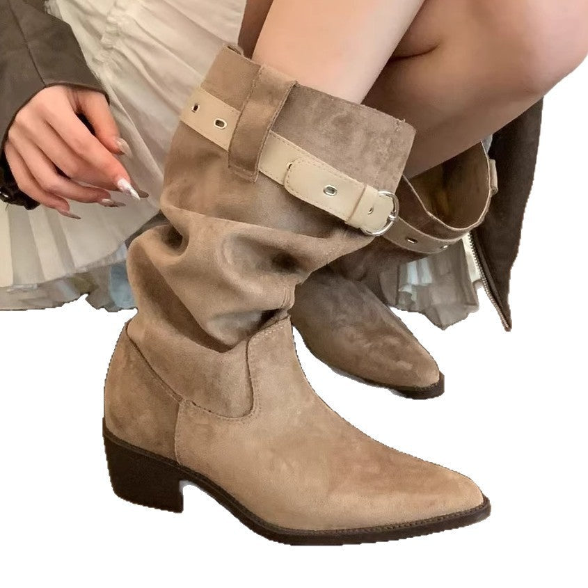 Damen Rustikale Wildleder-Stiefel mit modischem Falten-Design und verstellbarem Riemen R&B