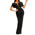 Damen Funkelnder Pailletten-Jumpsuit mit Federn und tiefem Ausschnitt R&B