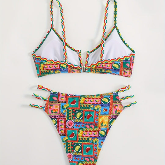 Damen Bikini-Set mit buntem Fruchtmuster und raffinierten Trägerdetails R&B