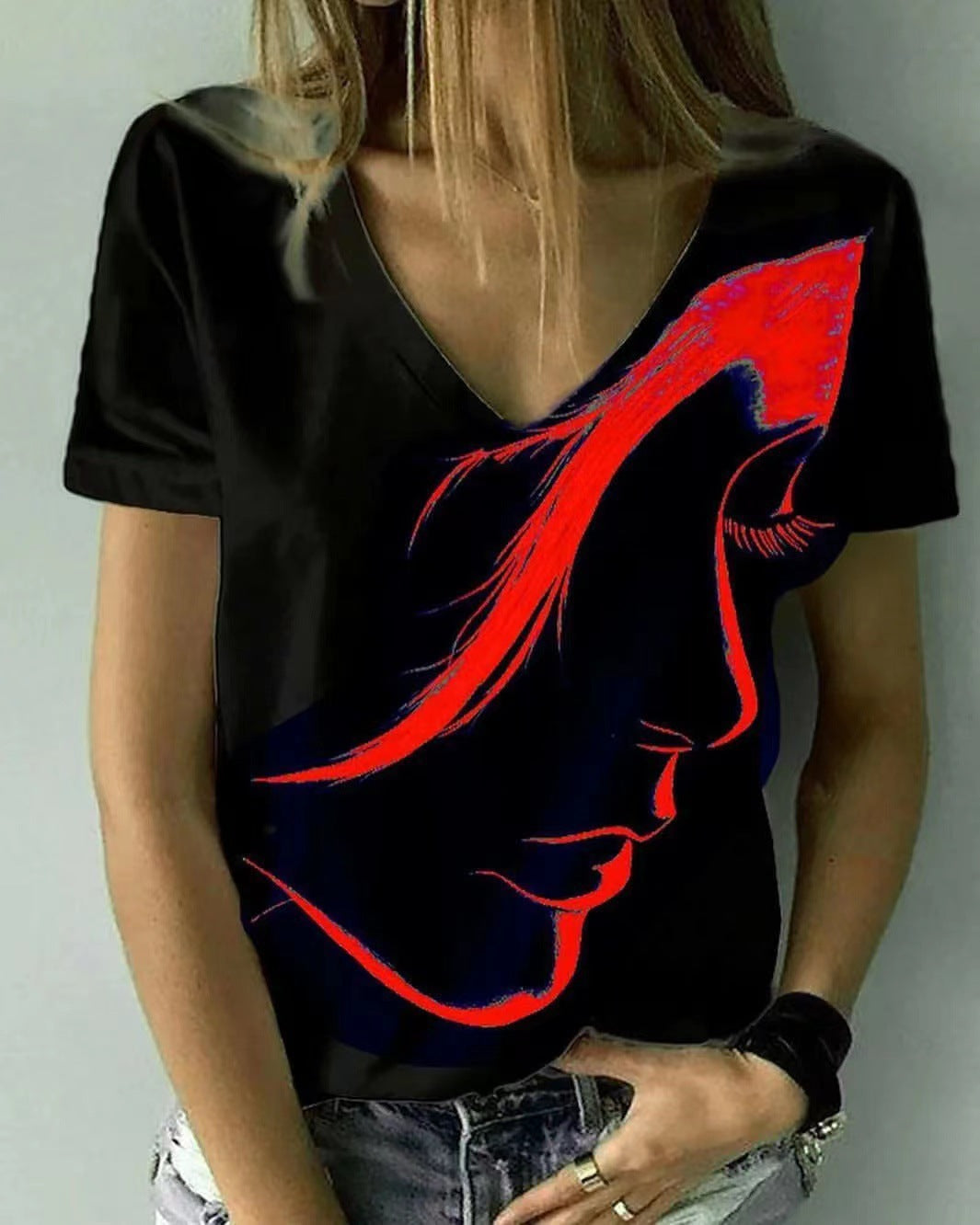 Damen V-Ausschnitt T-Shirt mit kreativem Grafikdruck R&B