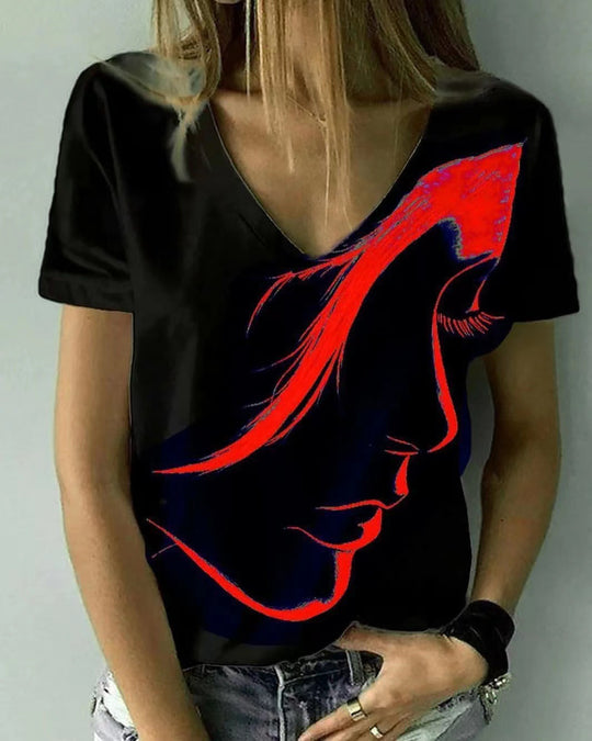 Damen V-Ausschnitt T-Shirt mit kreativem Grafikdruck R&B