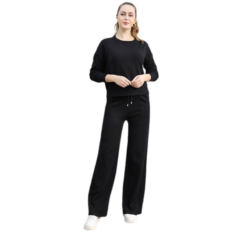 Damen gemütliches Strick-Loungewear-Set mit weitem Schnitt und praktischen Taschen R&B