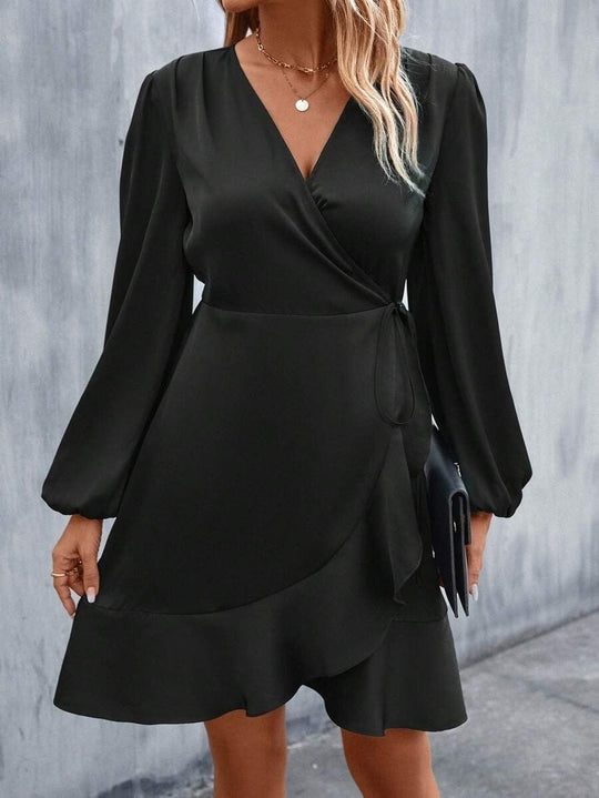 R&B | V-Ausschnitt Kleid Satin Taille Eng Niedrig Ausschnitt Lässig Midi Kleid Süß Frauen Kleidung