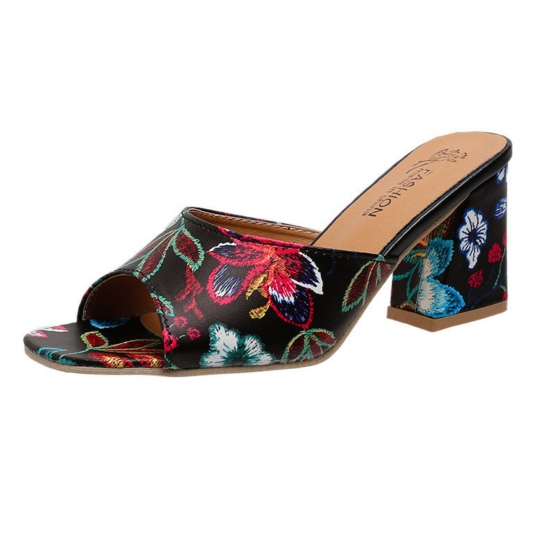 Damen Offene Mules mit floralem Muster und komfortablem Blockabsatz R&B