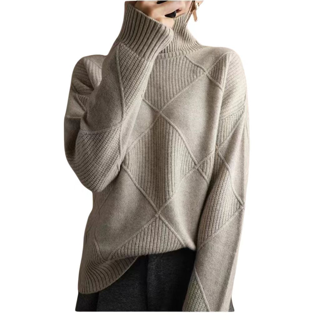 Damen hochwertiger Strickpullover mit stehendem Kragen und extravagantem Rautenmuster R&B