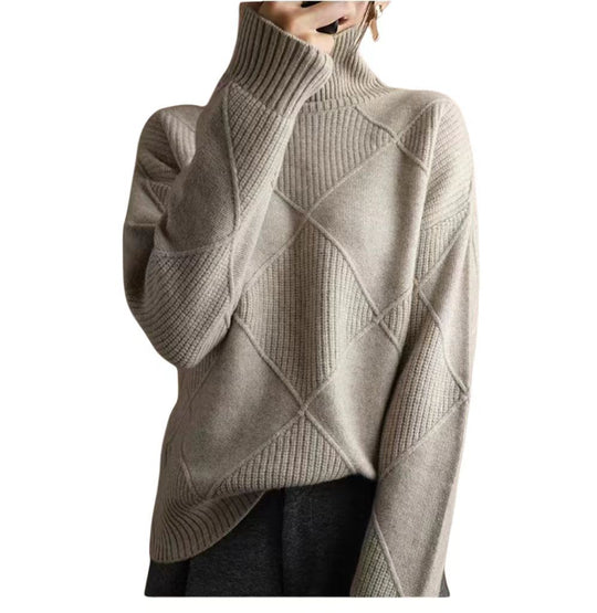 Damen hochwertiger Strickpullover mit stehendem Kragen und extravagantem Rautenmuster R&B