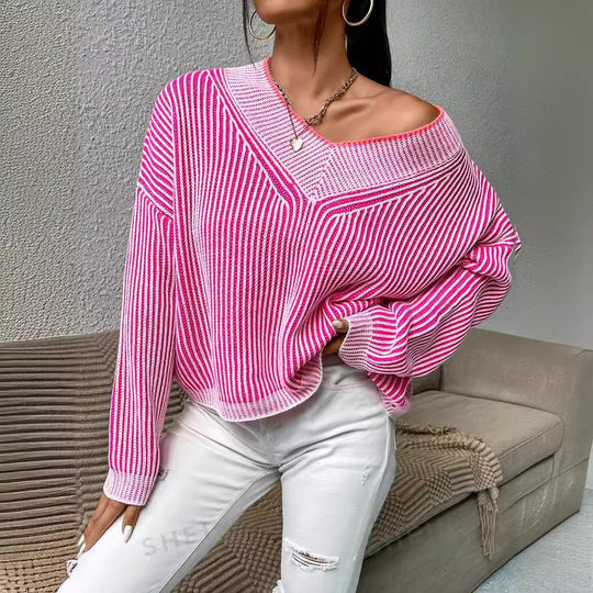 Damen lässiger V-Ausschnitt Pullover mit Streifenmuster R&B