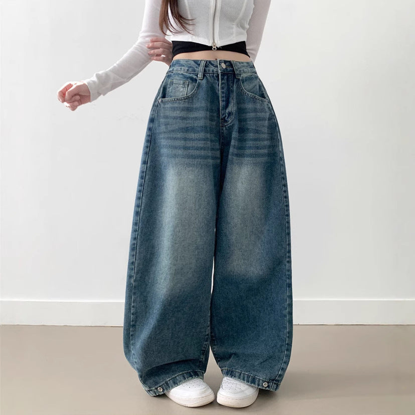 Damen Weite High-Waist Denim-Hose mit Faltenwurf R&B